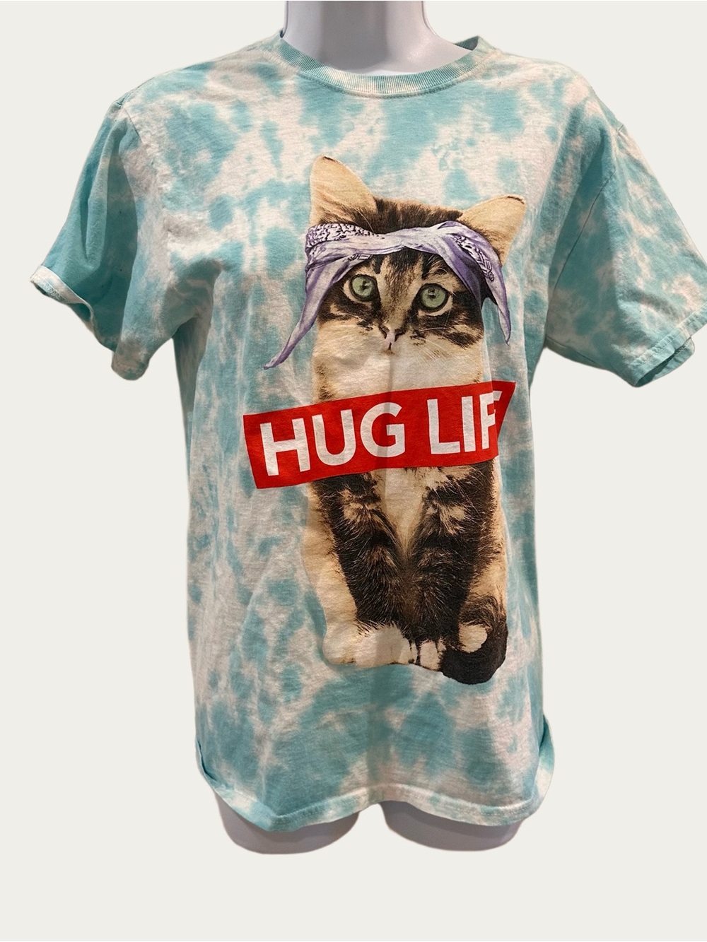 Hug Life Cat Graphic Tee - Tie Dye Blue Small